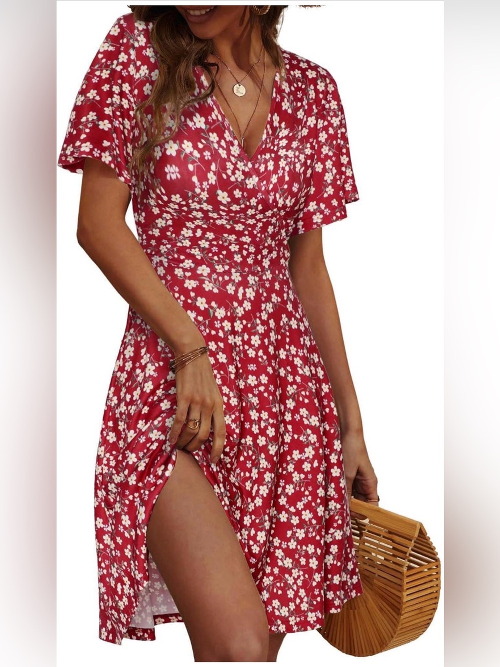 Fensace Women’s Dark Red Floral Wrap V-neck Summer Beach MIDI Dress XL